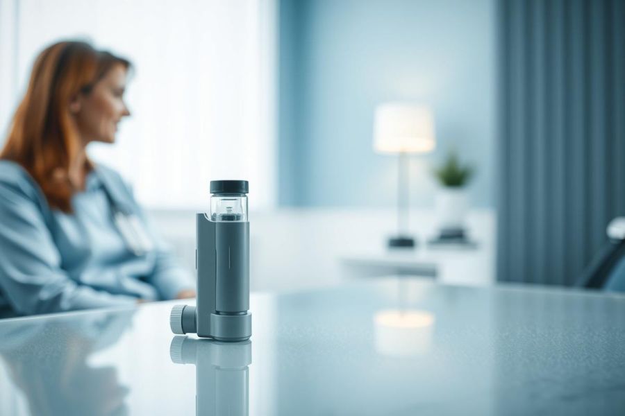 Close-up of an inhaler on a table, with a blurred woman in the background. The image conveys a healthcare theme, possibly related to asthma or respiratory health. Cool blue tones dominate the scene, creating a calming and clinical atmosphere.
