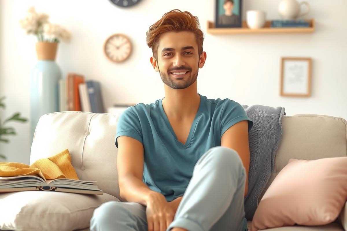 A young man sitting on a white couch with his legs crossed, wearing a blue shirt and jeans. He has a cheerful expression, looking towards the camera, smiling. 