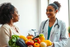 Doctor consults patient about healthy eating. Image shows a medical professional and patient with fruits and vegetables. Focus on nutrition and wellness in a healthcare setting. Bright, vibrant colors.