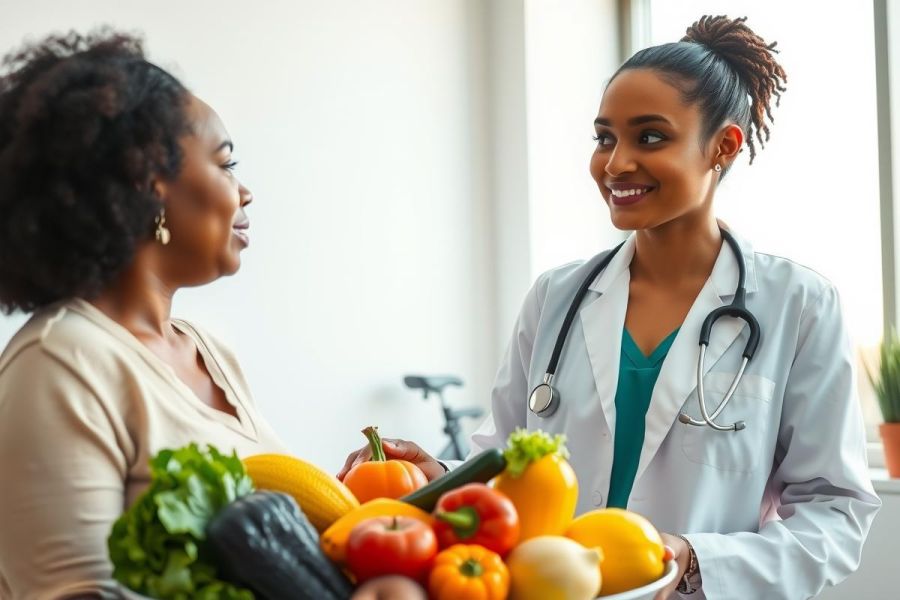 Doctor consults patient about healthy eating. Image shows a medical professional and patient with fruits and vegetables. Focus on nutrition and wellness in a healthcare setting. Bright, vibrant colors.