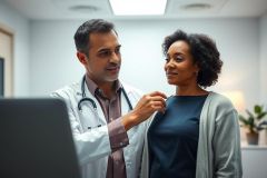 Doctor examining a patient in a bright, modern clinic. Healthcare professional consults with a woman, showcasing a medical checkup and patient care in a professional setting. Focus on health, wellness, and doctor-patient relationship.