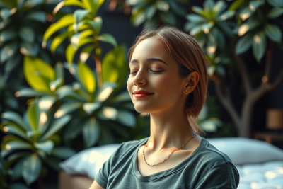 A woman in a relaxed pose, possibly meditating. She is sitting on a cushion and appears to be wearing a casual t-shirt with the sunlight streaming in through the trees, illuminating her face.