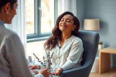 Woman in a blue chair, engaged in conversation, bathed in natural light. Modern interior with lavender accents.  Professional setting, possibly a meeting or therapy session. Focus on connection and communication.