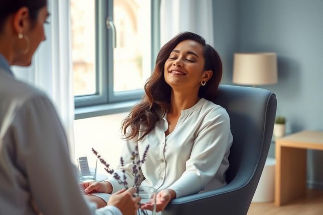 Woman in a blue chair, engaged in conversation, bathed in natural light. Modern interior with lavender accents.  Professional setting, possibly a meeting or therapy session. Focus on connection and communication.