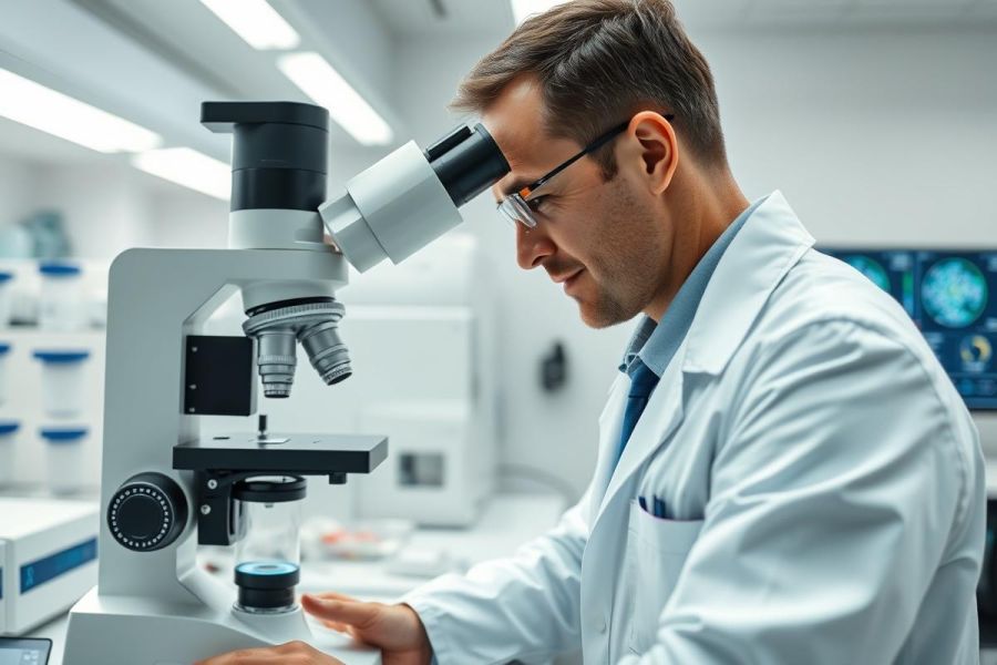 Scientist in a white lab coat examining a microscope in a modern laboratory. Focus on research, science, and medical analysis. Clean, bright environment with white walls and equipment. Represents scientific discovery and healthcare.
