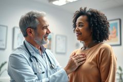 Doctor examining a patient in a medical office. A friendly, older male doctor with a stethoscope is consulting with a young Black woman. Warm lighting and neutral tones create a comforting healthcare setting emphasizing patient care and well-being.