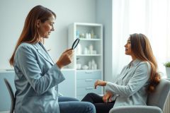 Dermatologist consultation: A woman examines a patient's skin with a magnifying glass in a bright, modern clinic. The scene features a clean, white interior with skincare products on shelves. Focus on skin health, dermatology, and professional medical examination.