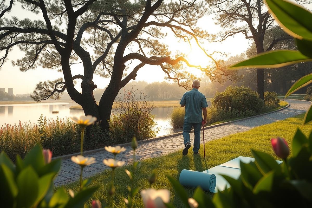 An elderly man with a cane walks through an outdoor park area during sunset. The park is lush and green, featuring a large pond reflecting the warm colors of the sky. The path is bordered by various trees and shrubs, creating a peaceful atmosphere.