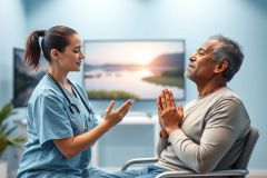 Healthcare scene: A nurse in blue scrubs interacts with a senior man seated in a chair, likely in a hospital or care setting. A calming landscape scene is displayed on a TV in the background. Focus on compassion and patient care, with soft blue and neutral tones.