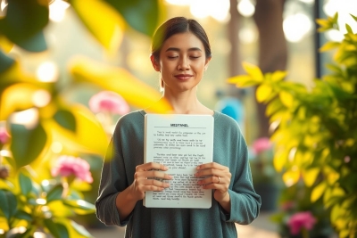 The image features a woman standing among flowers, holding a piece of paper in her hands. She appears to be reading the document, which is held up close to her face. 
