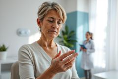 Concerned woman in a medical office pointing to her hand, likely experiencing pain or discomfort. A doctor in a white coat stands in the background. The scene features soft lighting and a neutral color palette, suggesting a healthcare setting.
