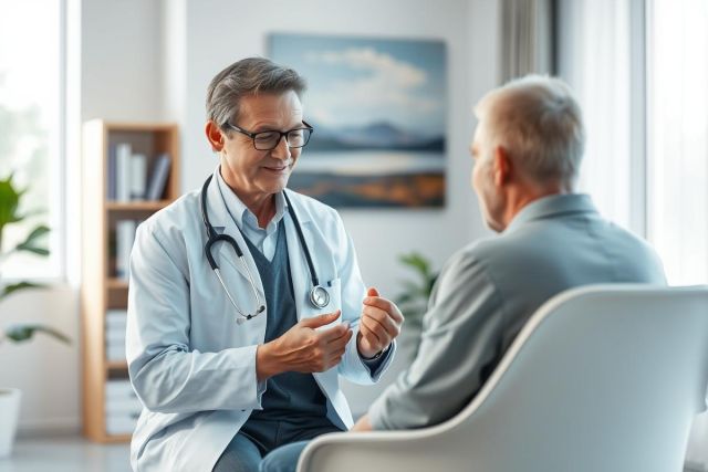 Doctor consults with patient in a bright, modern office. The image showcases a healthcare professional in a white coat and glasses, using a stethoscope, engaging in a discussion with an older man. Neutral colors and a calming environment evoke a sense of medical care and well-being.