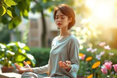 Woman meditating outdoors in a tranquil garden setting. Soft light, green foliage, and pink flowers create a serene atmosphere. Focus on mindfulness and peacefulness.