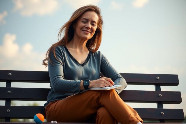 Woman sitting on a wooden park bench during the daytime, wearing a grey long sleeve top and orange pants. She has her legs crossed and is holding an open notebook or sketchbook in her lap, suggesting she might be writing or drawing something.