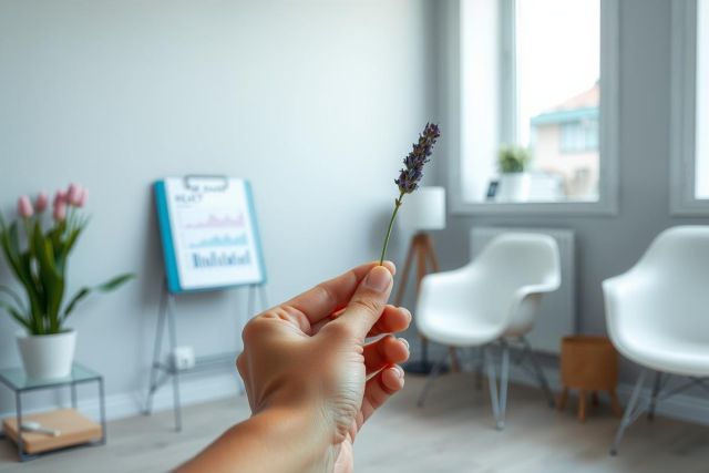 Close-up of a hand holding a sprig of lavender in a bright, minimalist room with white chairs, a plant, and a blue sign. Soft, natural light creates a calming and serene atmosphere.