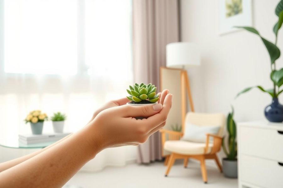 Hands gently holding a small succulent plant indoors. A bright, airy living room setting with natural light, featuring a chair, table, and other potted plants. Focus on greenery and a calming, minimalist aesthetic.