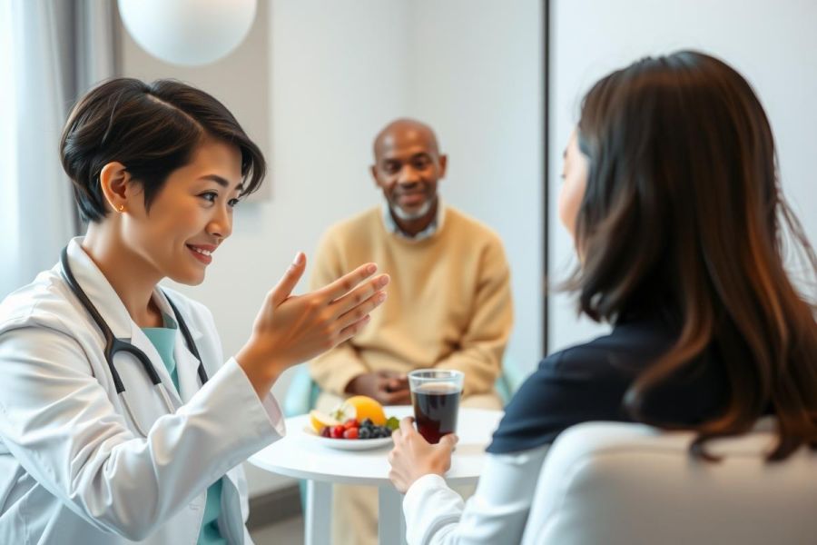A female doctor in a white coat speaks with a patient in a clinic setting. The scene includes a table with fruit and a drink, suggesting a wellness or consultation environment. Warm lighting and a modern interior contribute to a professional atmosphere.
