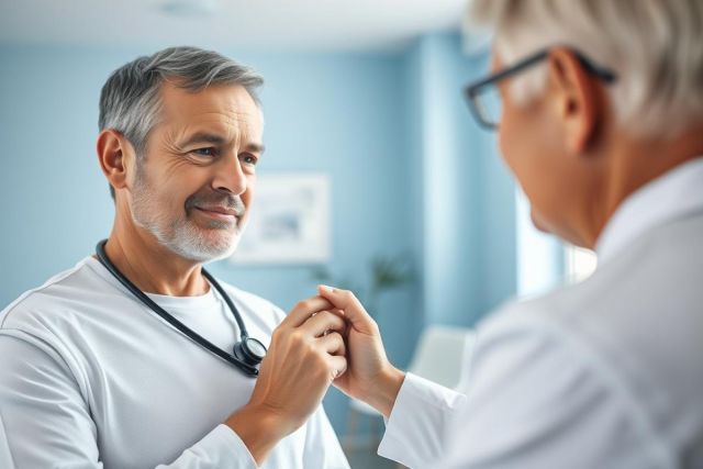 Doctor and patient interaction in a medical setting. A male doctor with a stethoscope listens attentively to an elderly patient. Soft blue walls create a calming environment. Healthcare, consultation, and empathy are key themes in this image.