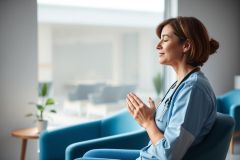 A female healthcare professional in a blue scrubs and stethoscope meditates peacefully in a modern, bright waiting room. The scene features calming blue tones and natural light, suggesting relaxation and wellness for medical staff.