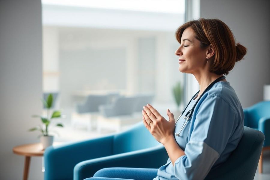 A female healthcare professional in a blue scrubs and stethoscope meditates peacefully in a modern, bright waiting room. The scene features calming blue tones and natural light, suggesting relaxation and wellness for medical staff.