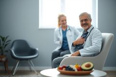 A warm, inviting scene in a medical office. A senior doctor with a stethoscope smiles, seated comfortably with a bowl of fresh fruit nearby. A female doctor is blurred in the background, suggesting a wellness consultation focused on healthy lifestyle and patient care. Soft blue and neutral tones create a calming atmosphere.