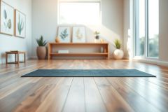 Bright, modern yoga studio interior. Warm wood floors, natural light streaming through large windows, and a dark blue yoga mat create a serene, minimalist space. Wooden shelves with plants and botanical prints add to the peaceful atmosphere. Ideal for wellness, fitness, and home decor inspiration.