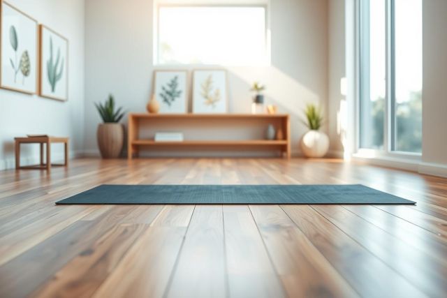 Bright, modern yoga studio interior. Warm wood floors, natural light streaming through large windows, and a dark blue yoga mat create a serene, minimalist space. Wooden shelves with plants and botanical prints add to the peaceful atmosphere. Ideal for wellness, fitness, and home decor inspiration.