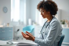 A female doctor in a light blue coat and stethoscope sits in a bright, modern medical office. She appears to be speaking or explaining, conveying care and professionalism. Healthcare, medical professional, consultation, doctor's office.