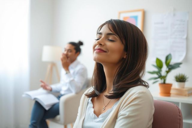 A woman sits in a bright, modern room with a relaxed expression. Natural light illuminates the space with neutral colors and potted plants. The scene suggests a peaceful, comfortable setting.