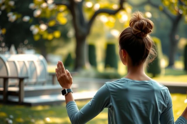 The image shows a woman standing in a park or garden area during the day. She appears to be engaging in some form of fitness activity or yoga pose, with her arms raised and hands clasped together. 