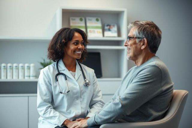 Doctor and patient consultation in a modern healthcare setting. A smiling female doctor in a white coat and stethoscope interacts with an older male patient. The scene features a clean, gray and white interior with shelves and medical supplies, suggesting a positive doctor-patient relationship and healthcare checkup.