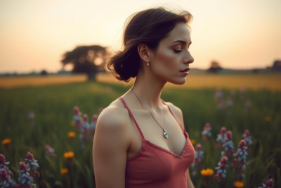 A woman in a pink top, standing in a field of flowers, looking contemplatively to the side during sunset. The environment is serene and picturesque with a warm glow from the setting sun.