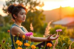 A woman sitting in the grass, meditating during sunset. She is wearing a blue top and has her hands clasped together, suggesting a yoga or meditation pose.