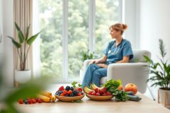Healthy eating concept. A nurse relaxes near a bright window with bowls of fresh fruit and vegetables on a wooden table. Focus on wellness, nutrition, and a balanced lifestyle with green and vibrant colors.