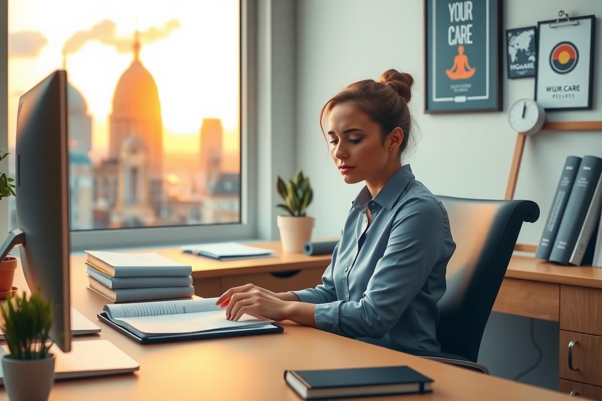 This is a professional office scene featuring a woman sitting at her desk. She appears to be engaged in work, possibly reviewing or typing on a document with a monitor. The room has a modern and bright ambiance, enhanced by natural light coming through the window which suggests it might be sunrise or sunset.