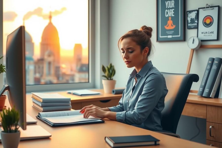 This is a professional office scene featuring a woman sitting at her desk. She appears to be engaged in work, possibly reviewing or typing on a document with a monitor. The room has a modern and bright ambiance, enhanced by natural light coming through the window which suggests it might be sunrise or sunset.