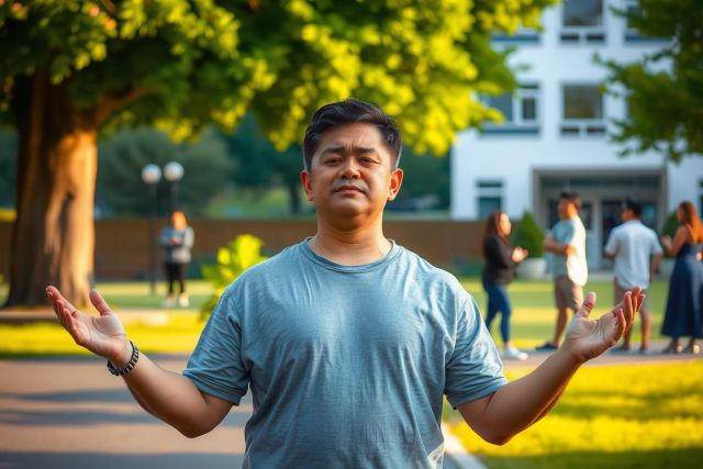 The image features an adult male practicing yoga, with his arms outstretched and palms facing upwards. He is standing on a grassy area near trees in what appears to be a park setting during the daytime.