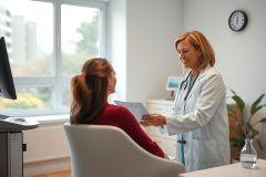 Doctor presenting documents to a patient in a bright clinic. Healthcare professional in white coat, discussing paperwork with a female client in a modern medical office setting.