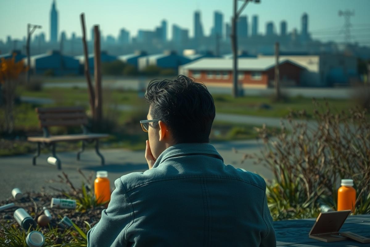 A man sits on a bench in an urban park, looking away from the viewer. He has short dark hair and is wearing a grey jacket with a light blue shirt underneath. The park is quiet with no one else visible, and there's trash scattered around.