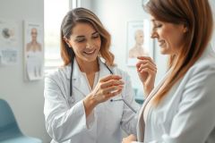 A smiling female doctor in a white coat examines a patient in a bright, modern medical office. The scene features a warm color palette with posters on the wall. Healthcare consultation and patient care are evident.