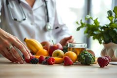 A doctor examines fresh fruits and vegetables on a table. The scene includes berries, apples, bananas, broccoli, and a glass of juice, suggesting a focus on health and nutrition.