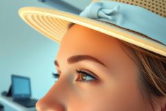 Close-up portrait of a woman wearing a straw hat with a light blue ribbon. Warm toned lighting highlights her features and a laptop is visible in the background, suggesting a workspace or cafe setting. Focus on eyes and hat detail.