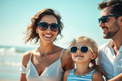 Happy family of three enjoying a sunny beach vacation. A smiling mom, dad, and daughter wearing sunglasses stand close together with the ocean and blue sky in the background. A joyful, summer scene perfect for travel and family moments.