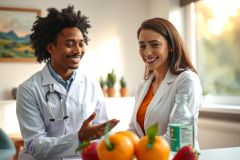 Two medical professionals in white coats converse near a window with fruit. The scene conveys healthcare, communication, and a bright, natural setting.