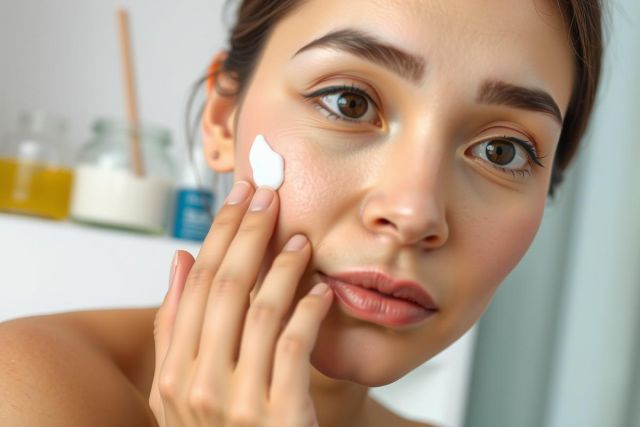 Close-up portrait of a young woman applying skincare. She has fair skin and is indoors with a clean, minimalist background. Focus on beauty, skincare, and wellness.