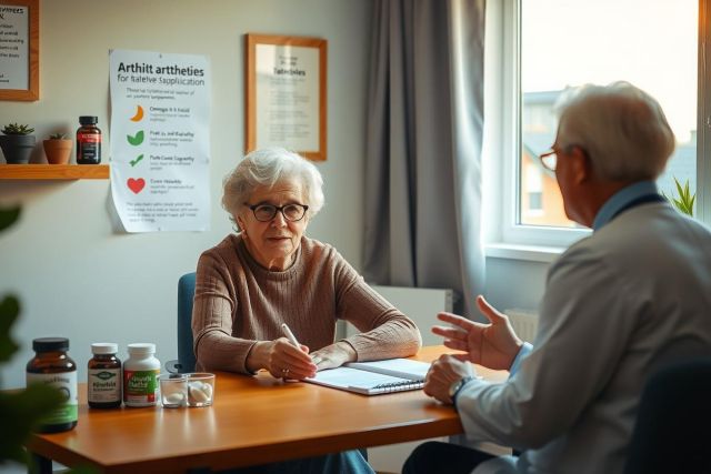 The image depicts an indoor setting where a healthcare professional is seated at a desk, in conversation with an elderly patient. The environment suggests a clinical or home care setting. Items such as medication bottles and health-related posters are visible around the room.