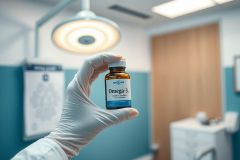 Close-up of a gloved hand holding a bottle of Omega-3 supplements in a medical setting. The image features a bright, clinical environment with blue walls and a surgical light. Focus is on the health supplement, suggesting wellness and healthcare themes.