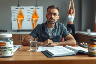 The image features a man sitting at a desk, looking downwards. He appears to be in a work or study environment, surrounded by various objects like books and bottles that suggest a focus on health or fitness topics.