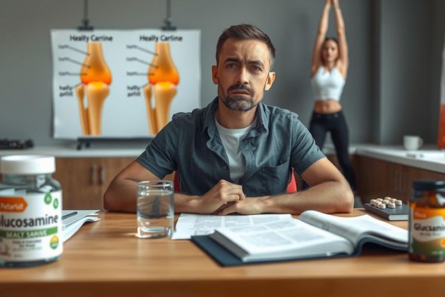 The image features a man sitting at a desk, looking downwards. He appears to be in a work or study environment, surrounded by various objects like books and bottles that suggest a focus on health or fitness topics.