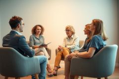 Business professionals in a meeting setting. A man and four women in suits sit in chairs, discussing the situation. The setting looks modern and professional with a neutral color palette.